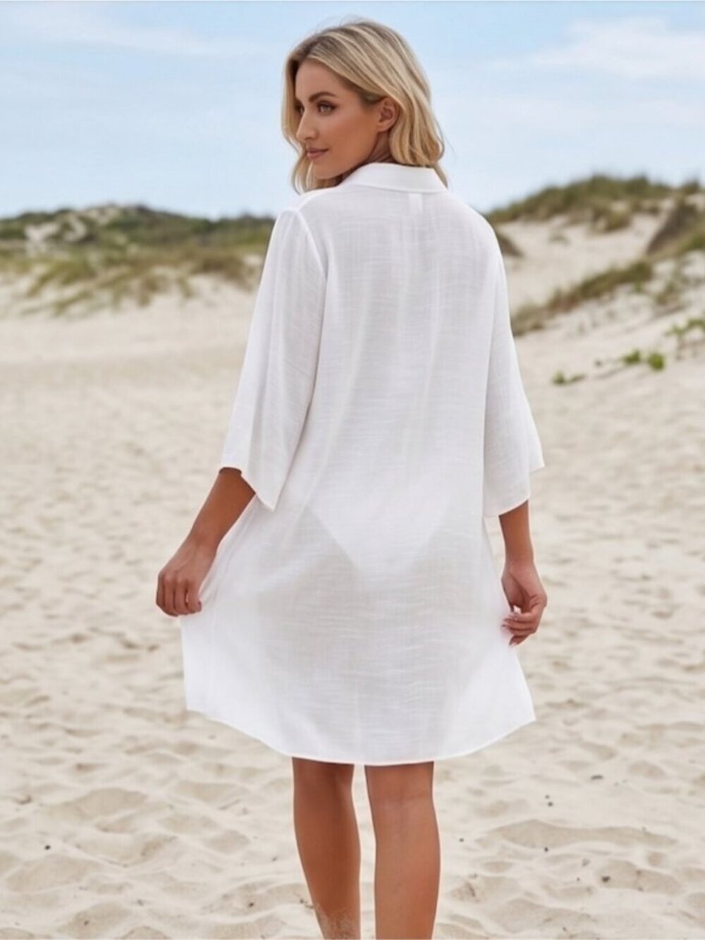 White Sheer Button-Down Beach Cover-Up Shirt Dress - Picture 6 of 9